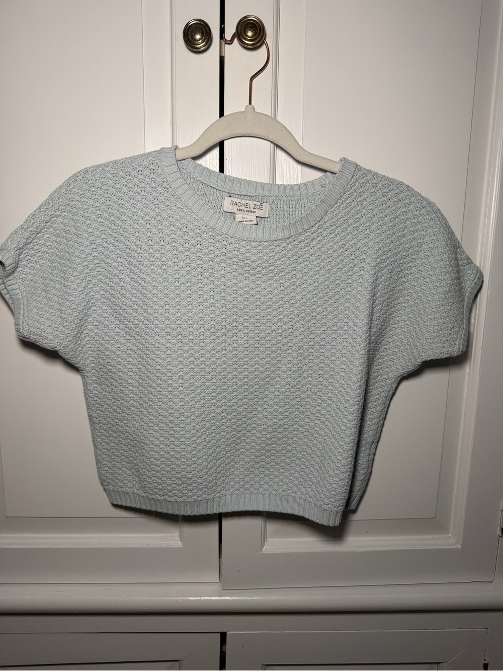 Rachel Zoe 100% Cotton Knit Top Small Cropped Light Blue Short Sleeve